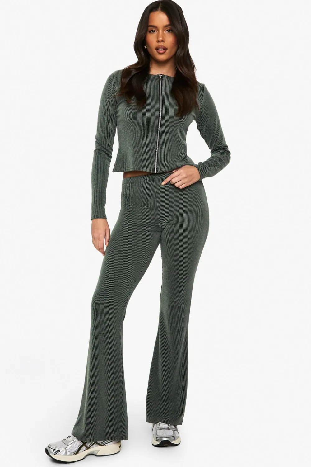 Two Piece Sets|Two Piece Sets^Nasty Gal 2 Tone Rib Zip Up Top & Flared Trouser |