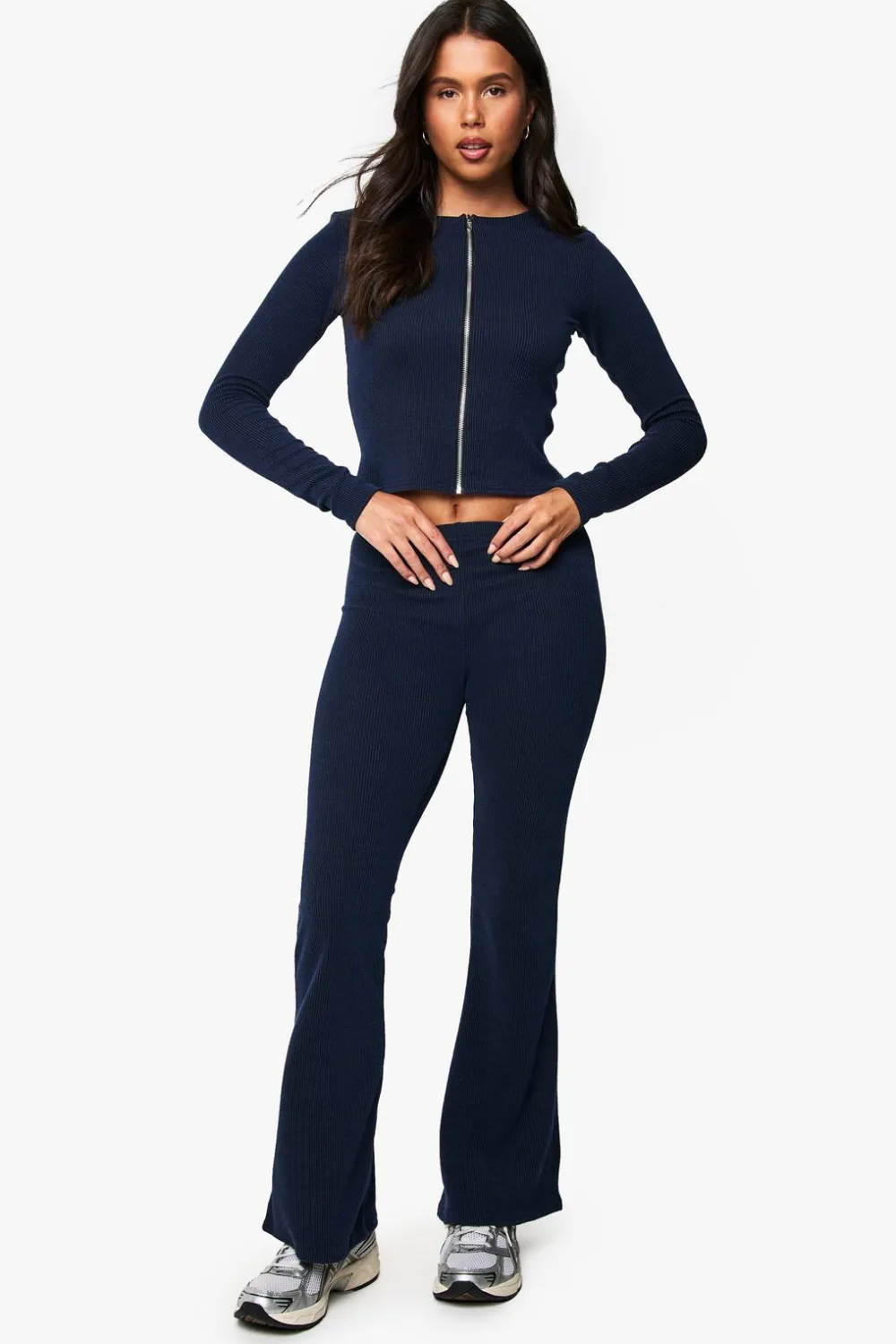 Two Piece Sets|Two Piece Sets^Nasty Gal 2 Tone Rib Zip Up Top & Flared Trouser |