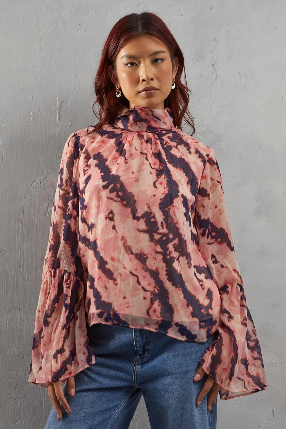 Tops^Nasty Gal Abstract Chiffon High Neck Flutter Sleeve Blouse |