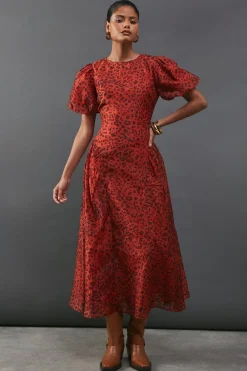 Animal Print|Dresses^Nasty Gal Animal Organza Puff Sleeve Godet Side Midi Dress |