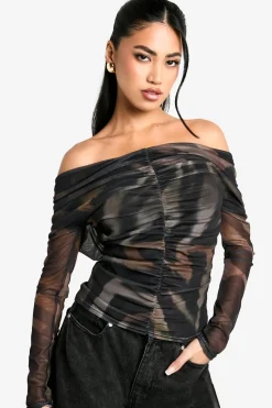 Animal Print|Tops^Nasty Gal Animal Ruched Front Bardot Long Sleeve Top |