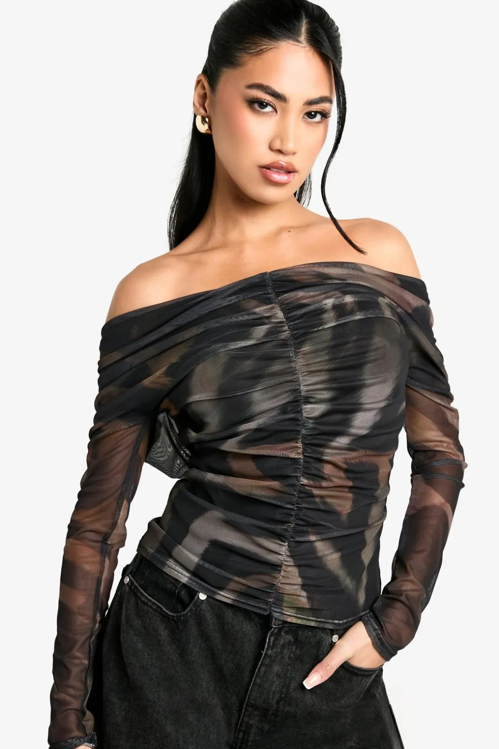 Animal Print|Tops^Nasty Gal Animal Ruched Front Bardot Long Sleeve Top |