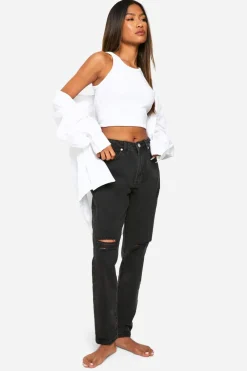 Jeans|Denim^Nasty Gal Boohoo Basics 32 Inch Leg High Waisted Ripped Mom Jeans |