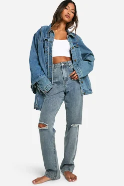 Jeans|Denim^Nasty Gal Boohoo Basics High Waisted Ripped Knee Straight Leg Jeans in Washed Blue |