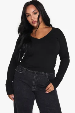 Tops^Nasty Gal Boohoo Basics Plus Long Sleeve V Neck T-Shirt |