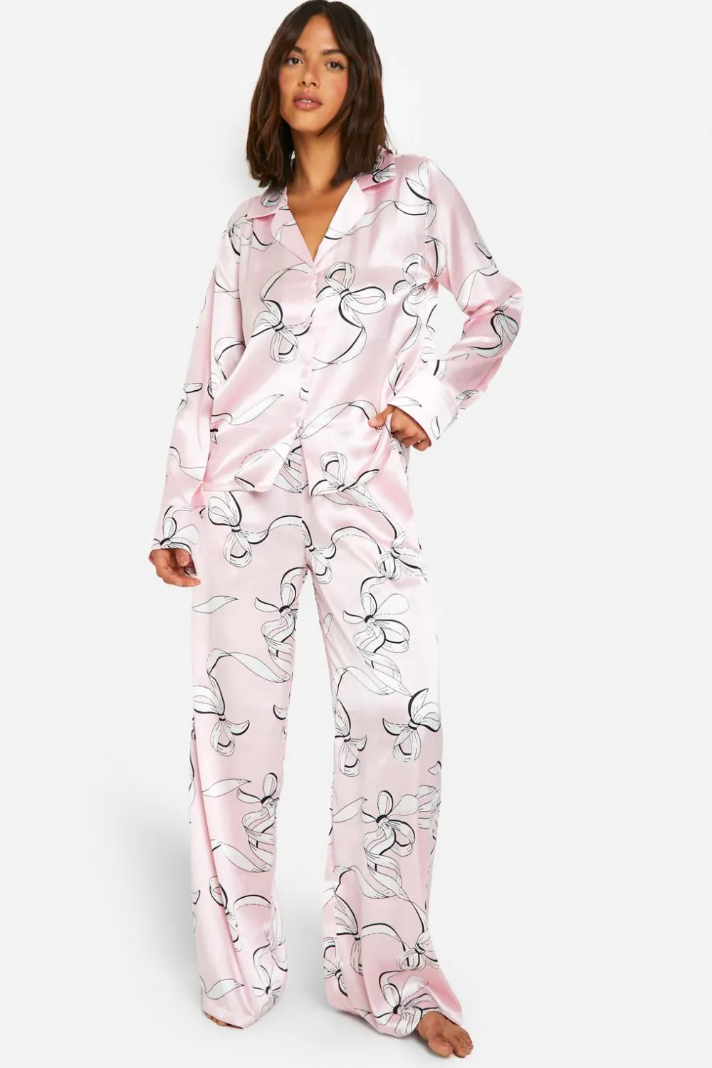 Sleepwear^Nasty Gal Bow Print Satin Long Sleeve Shirt & Trousers Pyjama Set |