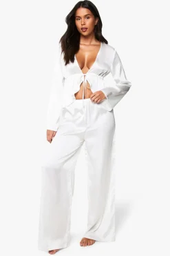 Sleepwear^Nasty Gal Bridal Tie Front Long Sleeve Top & Trousers Pyjama Set |