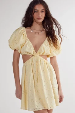 Mini Dresses|Dresses^Nasty Gal Broderie Cut Out Tie Front Puff Sleeve Skater Dress |