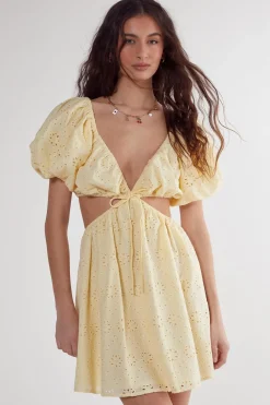 Mini Dresses|Dresses^Nasty Gal Broderie Cut Out Tie Front Puff Sleeve Skater Dress |