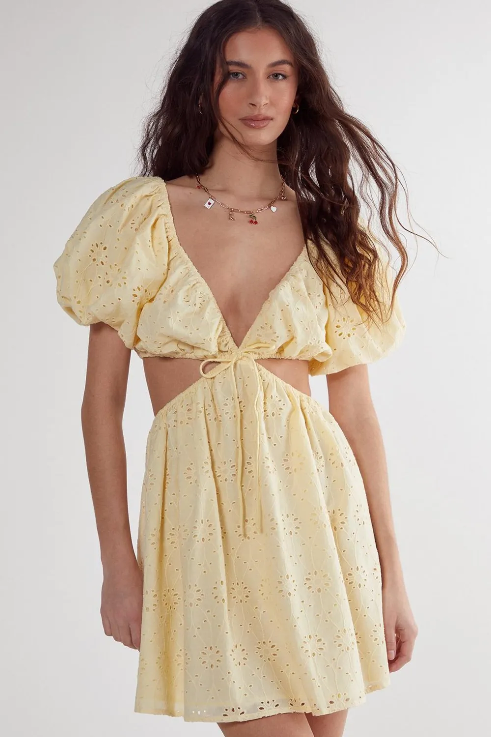 Mini Dresses|Dresses^Nasty Gal Broderie Cut Out Tie Front Puff Sleeve Skater Dress |