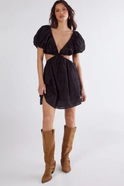 Mini Dresses|Dresses^Nasty Gal Broderie Cut Out Tie Front Puff Sleeve Skater Dress |