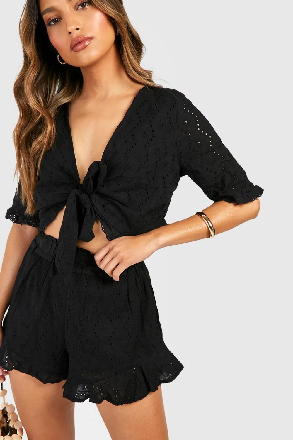 Two Piece Sets|Two Piece Sets^Nasty Gal Broderie Knot Top & Ruffle Hem Shorts |