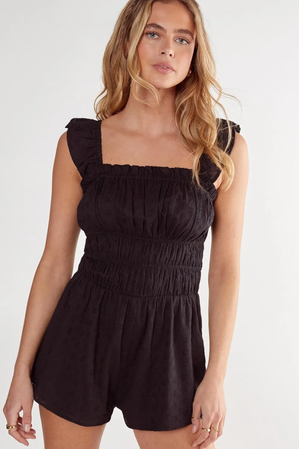 Rompers|Rompers^Nasty Gal Broderie Ruched Ruffle Romper |