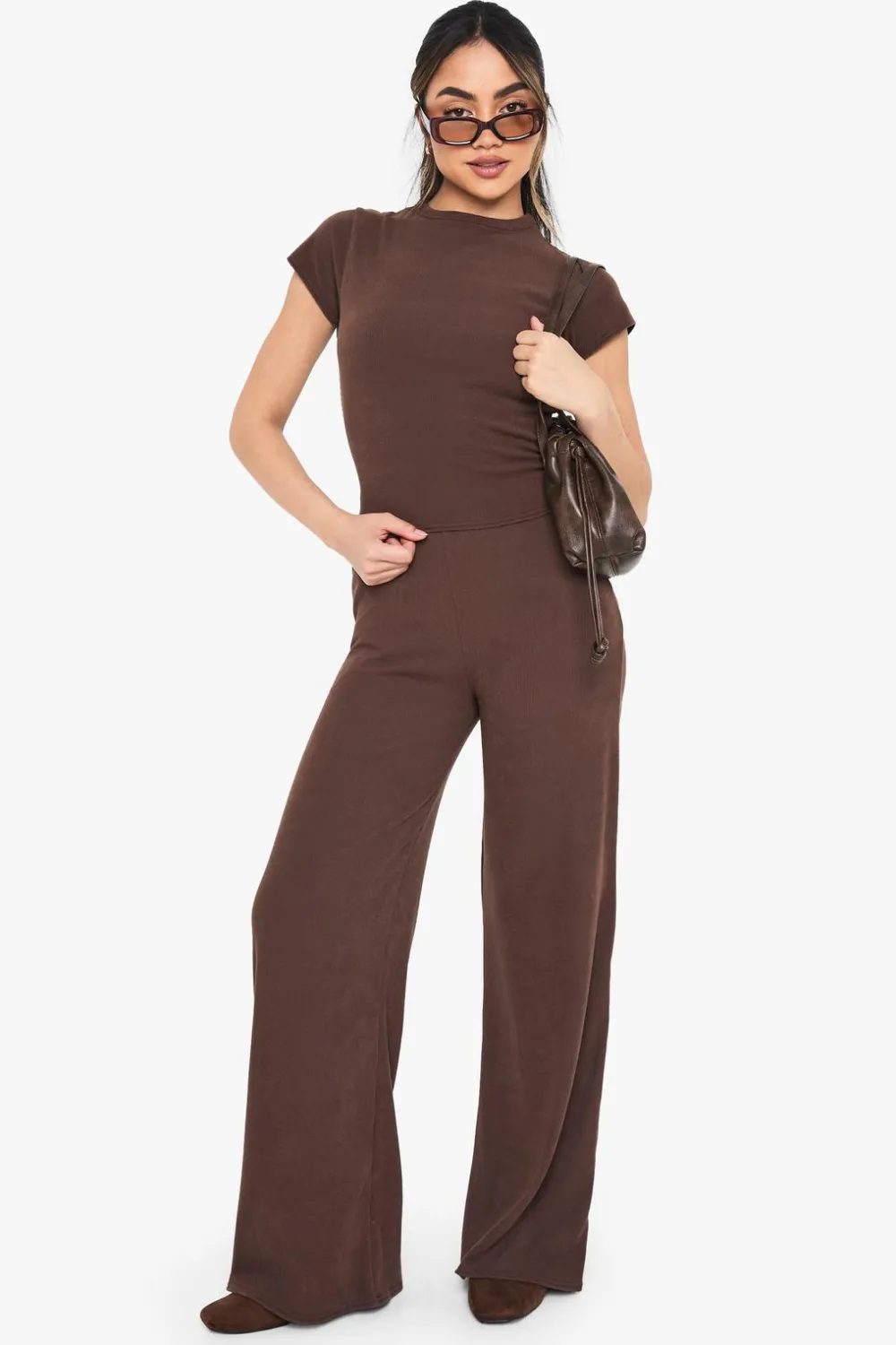 Two Piece Sets|Two Piece Sets^Nasty Gal Brushed Rib T-Shirt and Wide Leg Trouser Set |