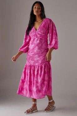 Dresses^Nasty Gal Burnout Chiffon Plunge Neck Ruched Bodice Peplum Midi Dress |