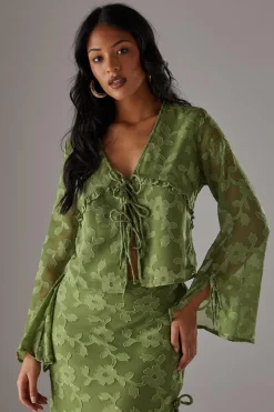 Tops^Nasty Gal Burnout Chiffon Ruffle Tie Front Blouse Co-ord |