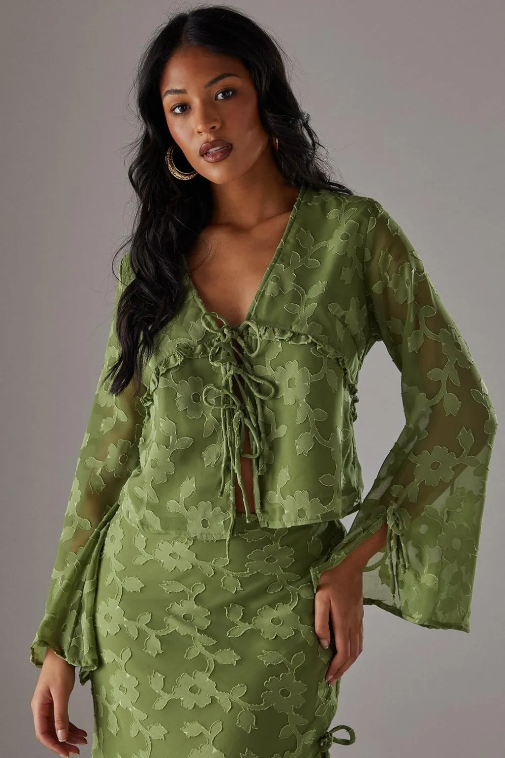 Tops^Nasty Gal Burnout Chiffon Ruffle Tie Front Blouse Co-ord |