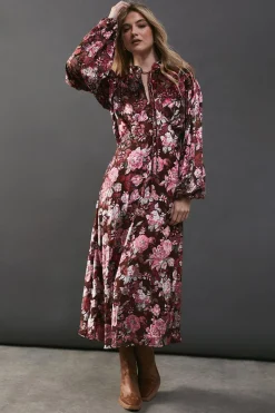 Dresses^Nasty Gal Burnout Floral Velvet Frill Shoulder Tie Front Midi Dress |