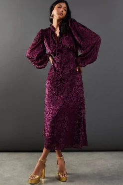 Dresses^Nasty Gal Burnout Velvet Frill Shoulder Tie Front Midi Dress |