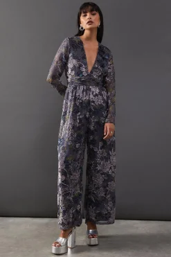 Jumpsuits|Jumpsuits^Nasty Gal Burnout Velvet Plunge Neck Waisted Jumpsuit |