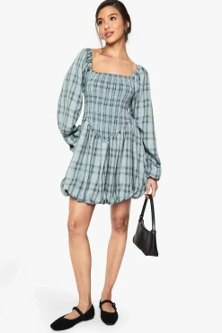 Dresses^Nasty Gal Check Shirred Long Sleeve Puff Sleeve Mini Dress |