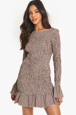 Dresses^Nasty Gal Check Shirred Long Sleeve Mini Dress |