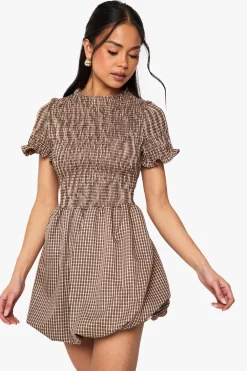 Dresses^Nasty Gal Check Shirred Puff Sleeve Mini Dress |