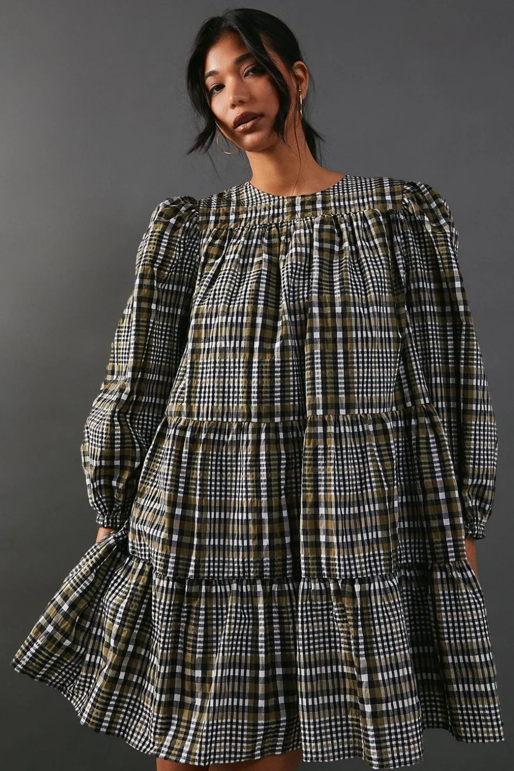 Dresses^Nasty Gal Check Smock Tiered Mini Dress |