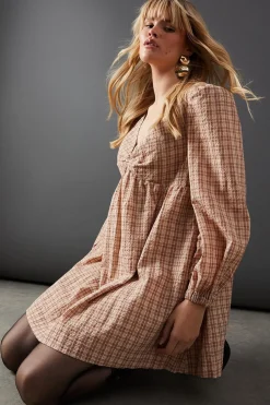 Dresses^Nasty Gal Check V Neck Volume Sleeve Mini Dress |