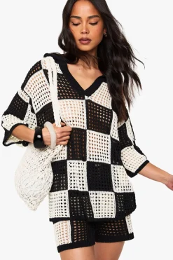 Crochet^Nasty Gal Checkerboard Crochet Beach Top |