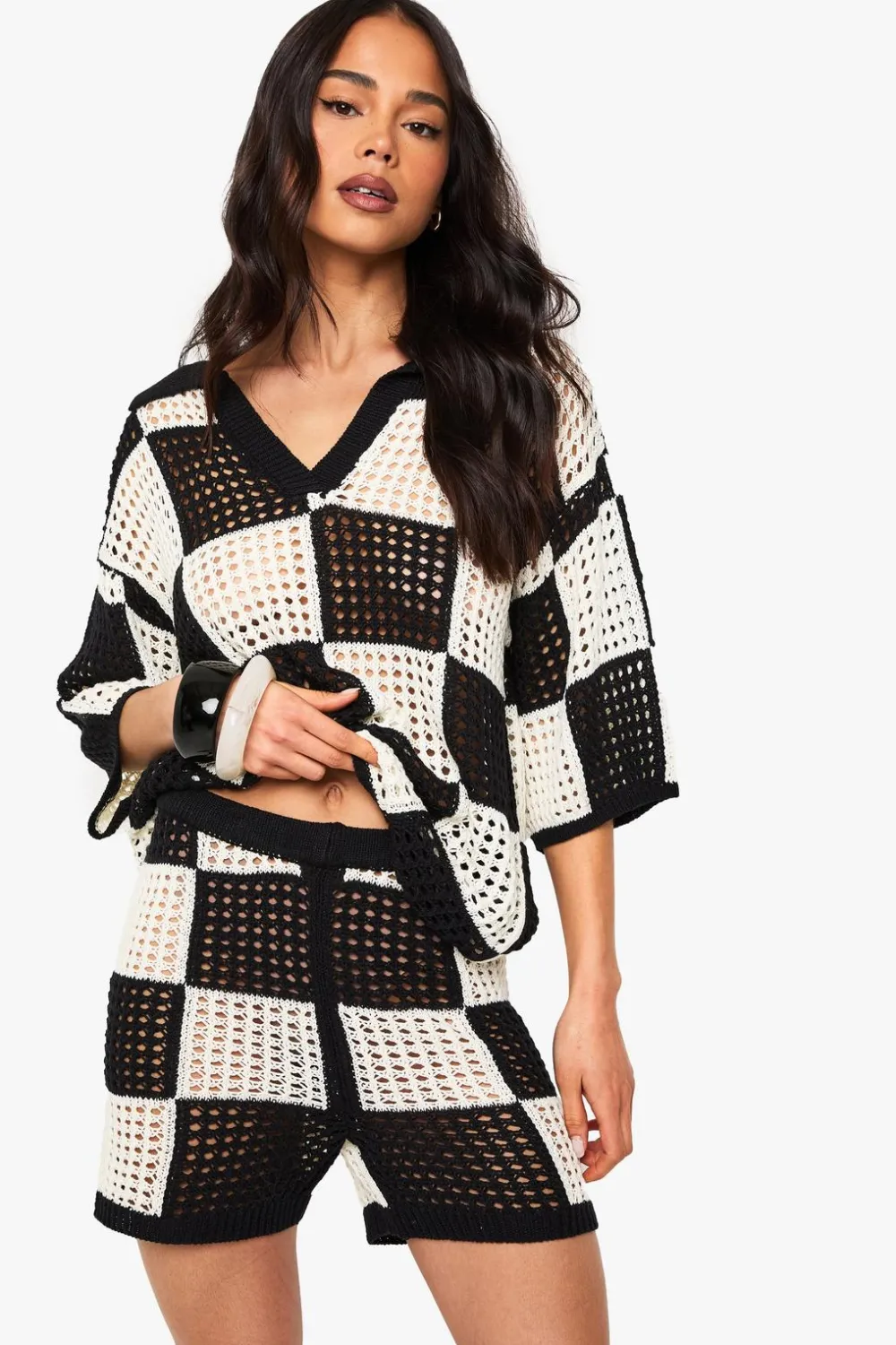 Crochet^Nasty Gal Checkerboard Crochet Wide Leg Beach Short |