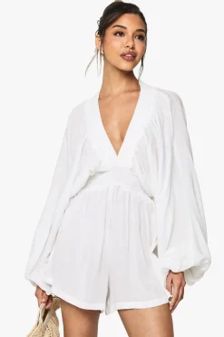 Rompers|Rompers^Nasty Gal Cheescloth Plunge Long Sleeve Playsuit |