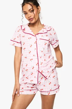 Sleepwear^Nasty Gal Cherry Print Gingham Piping Detail Short Sleeve Shirt & Shorts Pyjama Set |