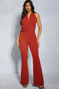 Jumpsuits|Jumpsuits^Nasty Gal Chiffon Draped Neck Low Back Flare Leg Jumpsuit |