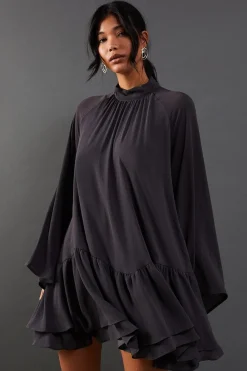 Dresses^Nasty Gal Chiffon Drop Hem High Neck Flare Sleeve Mini Swing Dress |