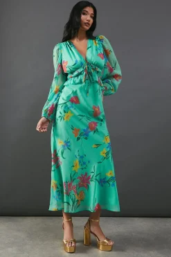 Dresses^Nasty Gal Chiffon Floral Ruffle Midi Tea Dress |