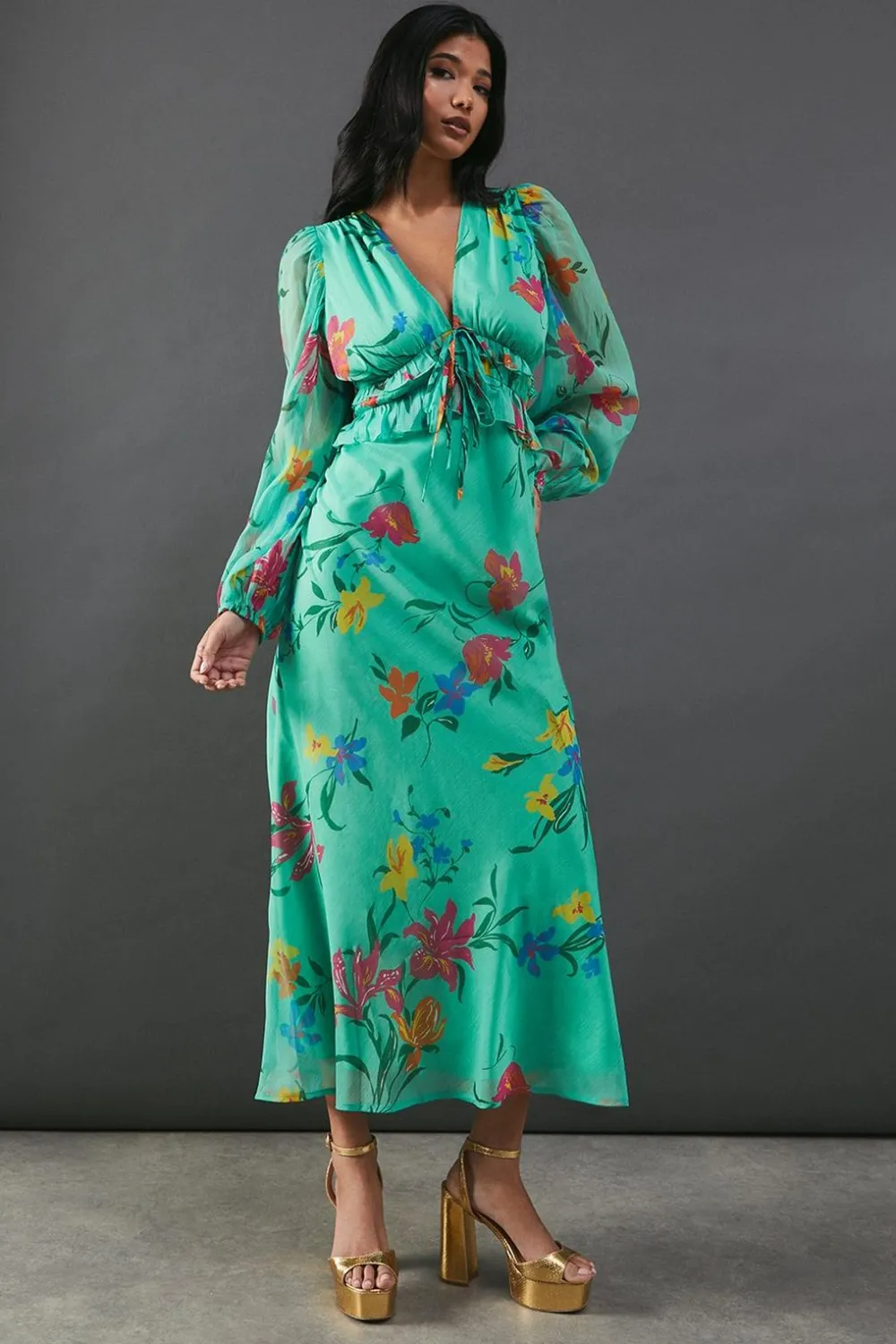 Dresses^Nasty Gal Chiffon Floral Ruffle Midi Tea Dress |