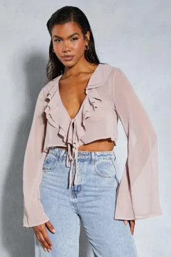Tops^Nasty Gal Chiffon Frill Layered Flute Sleeve Cropped Blouse |