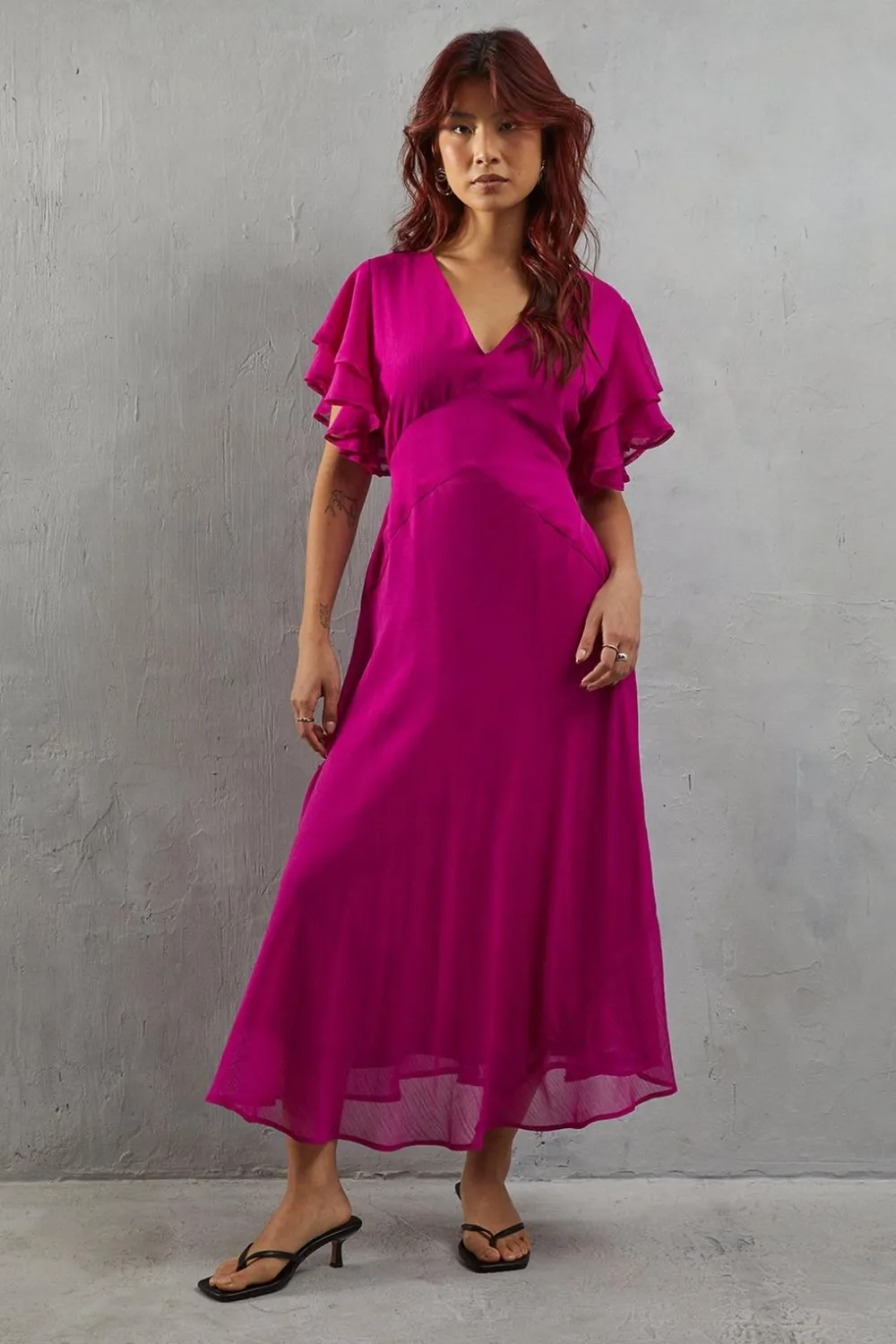 Dresses^Nasty Gal Chiffon Frill Sleeve Midi Tea Dress |