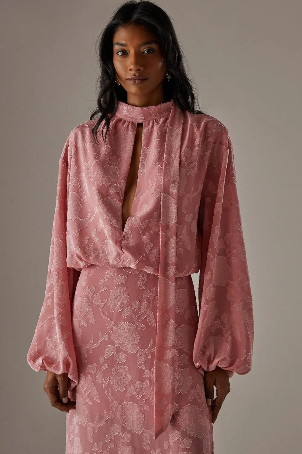 Tops^Nasty Gal Chiffon Jacquard High Neck Slash Front Blouse |