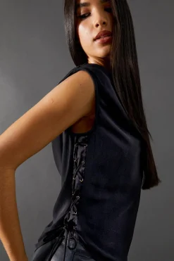 Tops^Nasty Gal Chiffon Lace Up Detail Slash Neck Top |