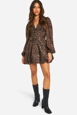 Animal Print|Dresses^Nasty Gal Chiffon Leopard Print Puff Sleeve Milkmaid Skater Dress |