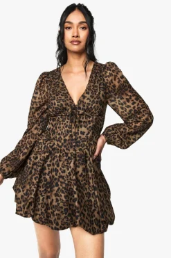 Animal Print^Nasty Gal Chiffon Leopard Print Puff Sleeve Milkmaid Skater Dress |