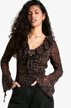 Animal Print|Tops^Nasty Gal Chiffon Leopard Ruffle Tie Front Blouse |