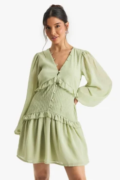 Dresses^Nasty Gal Chiffon Long Sleeve Pleated Waist Mini Dress |