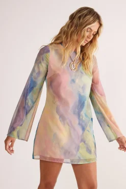 Mini Dresses|Dresses^Nasty Gal Chiffon Marble Print Flared Sleeve Tunic Mini Dress |