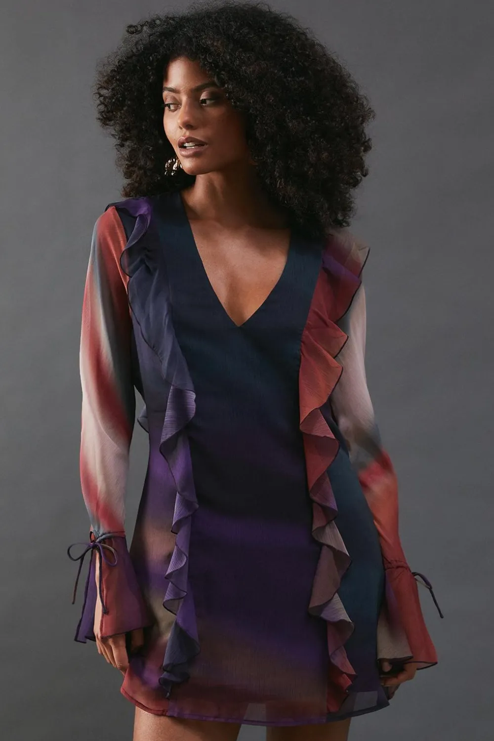 Dresses^Nasty Gal Chiffon Ombre Ruffle Detail Tie Sleeve Mini Dress |