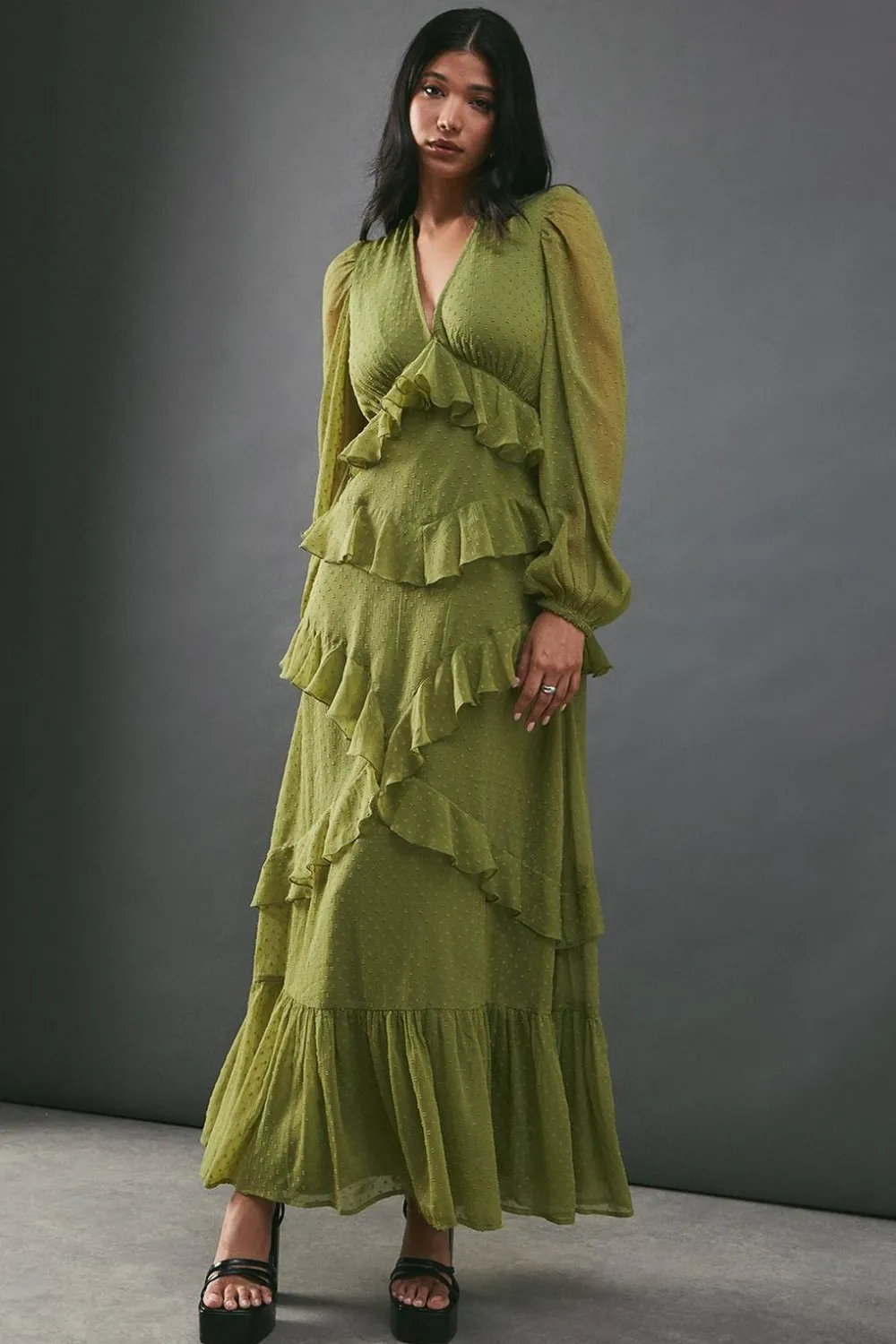 Dresses^Nasty Gal Chiffon Plunge Neck Ruffle Detail Volume Sleeve Maxi Dress |