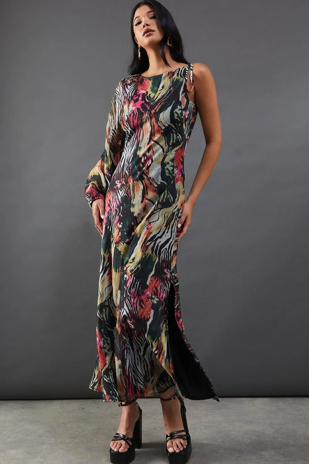 Dresses^Nasty Gal Chiffon Printed One Shoulder Split Front Maxi Dress |