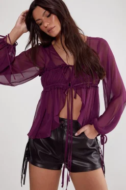 Festival Outfits|Festival Outfits^Nasty Gal Chiffon Ruched Tie Front Balloon Sleeve Top |